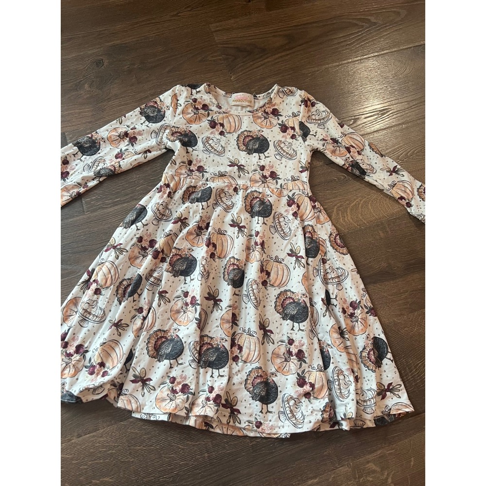Pink Boutique Girls Thanksgiving Turkey Pumpkin Floral Long Sleeve Skater Dress